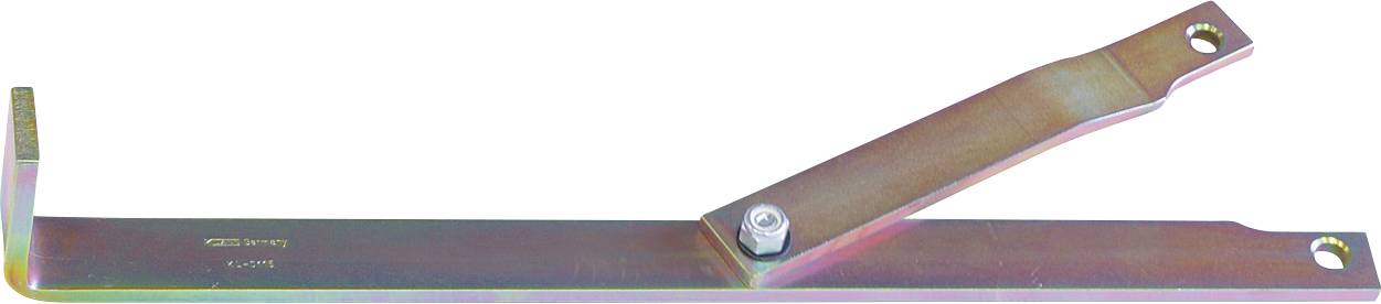 'Egy fém feszítőeszköz középen egy csavarral, kar típusú emelővel és lyukakkal mindkét végén, amely mechanikai beállításokhoz használatos.'