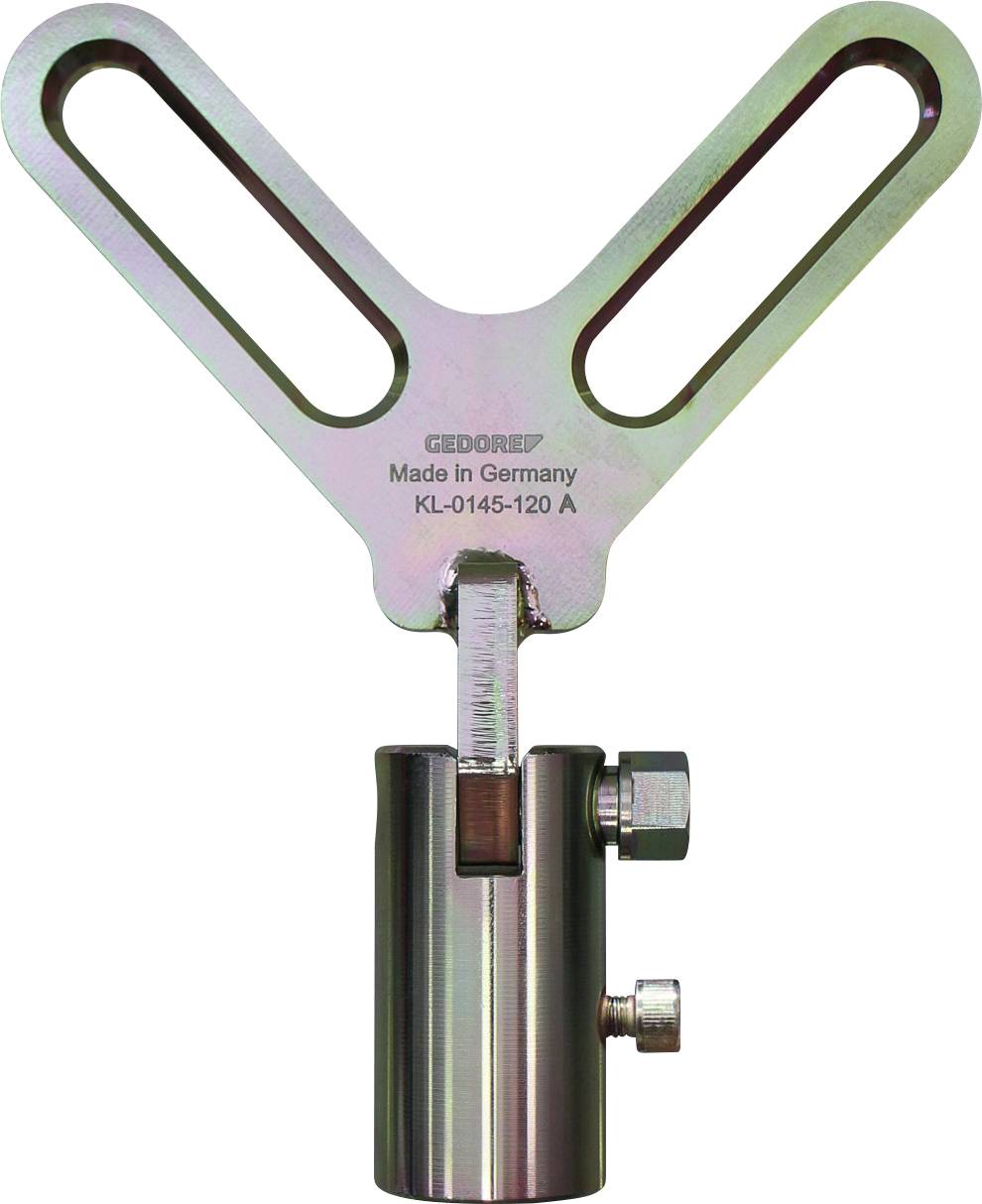 Egy fém szerszám Y-alakú tetővel és hengeres alappal, mechanikai célokra használt. A felirat szerint "Made in Germany KL-0145-120 A".