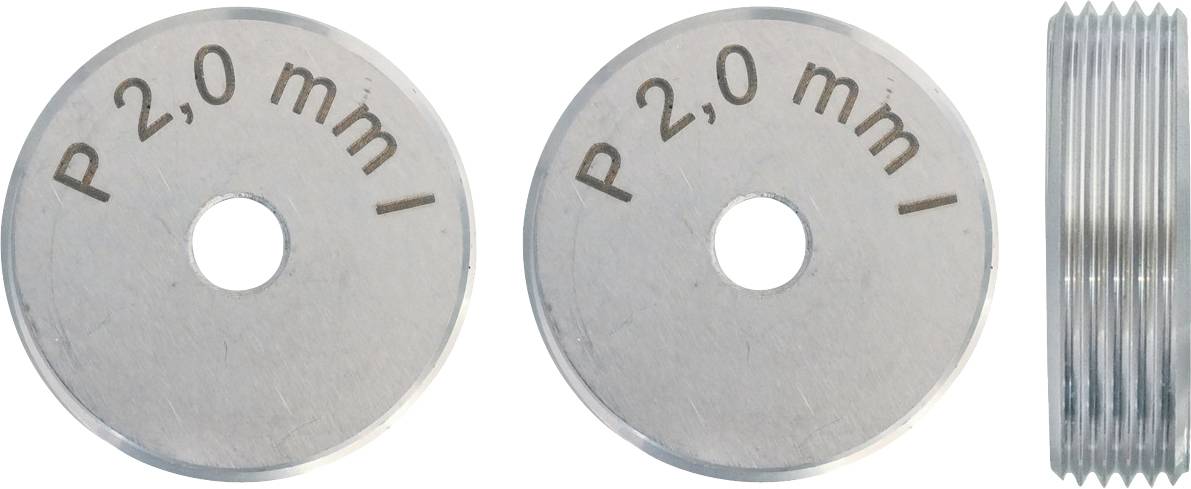 Két kerek fémdisz „P 2,0 mm" felirattal, egy fonalas henger található mellettük. Mechanikai vagy mérési célokra használt.