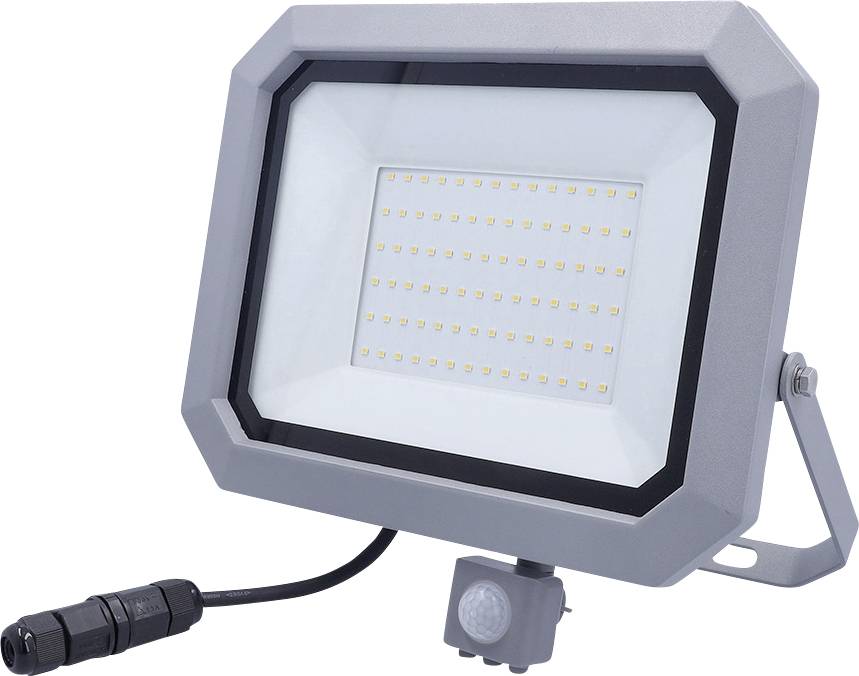 Szürke LED reflektor téglalap alakú kialakítással, több kis LED izzóval és mozgásérzékelővel, forgatható tartóra szerelve.