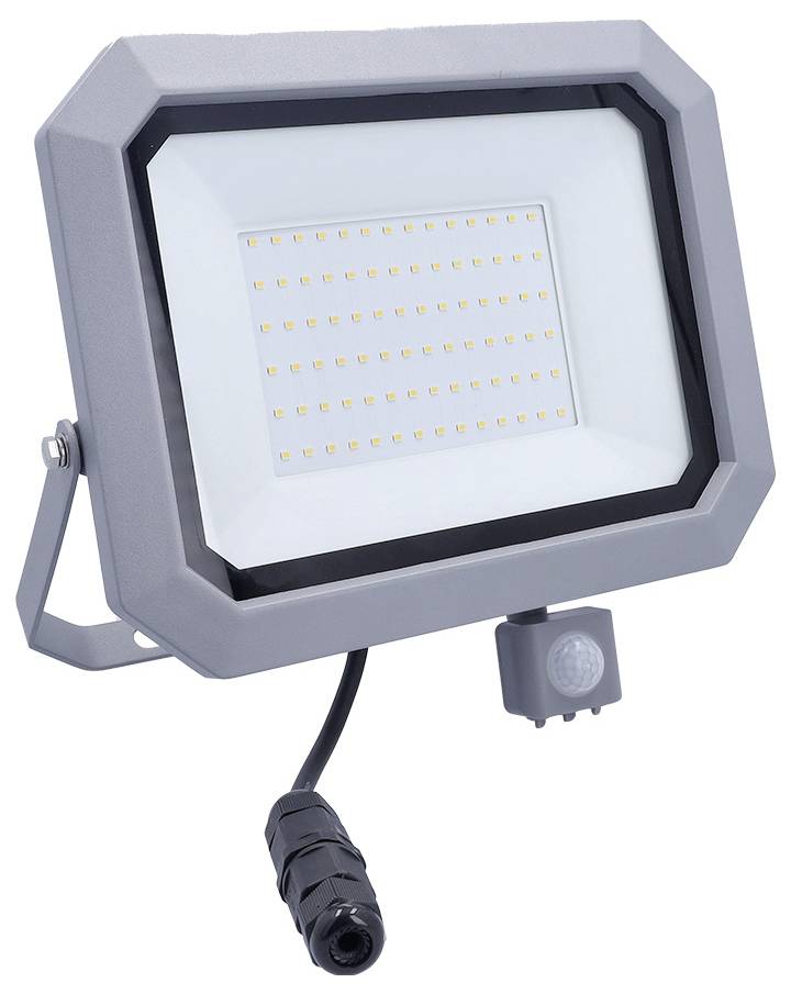 Egy téglalap alakú LED reflektorlámpa szürke kerettel és több LED izzóval, amely az alján mozgásérzékelővel és tápkábellel rendelkezik.