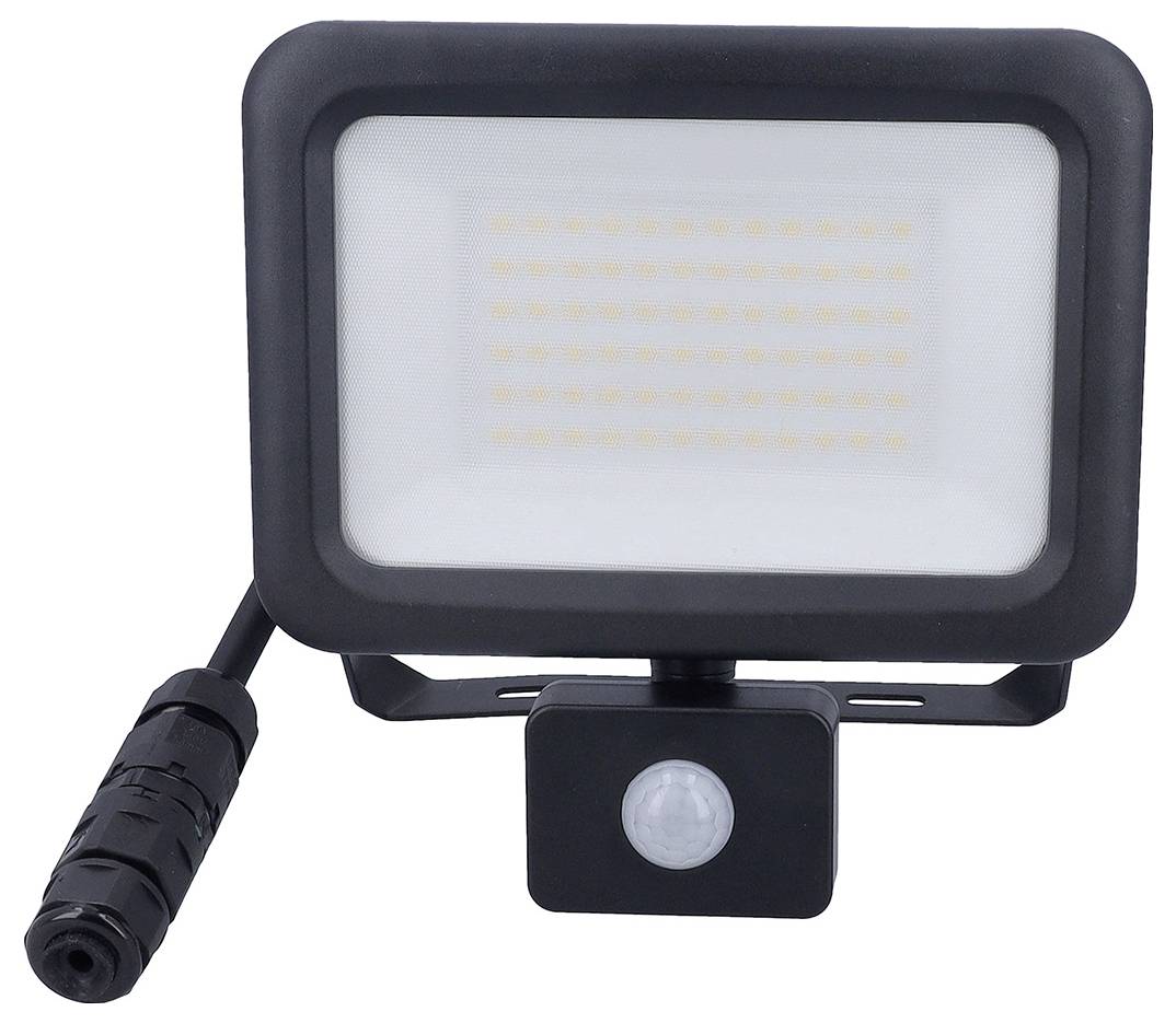Egy LED-es reflektor téglalap alakú, mozgásérzékelővel felszerelt, sík kialakítású és hátsó oldalon power kábellel rendelkező.