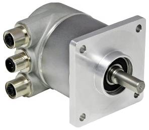 Egy fém motorházzal rendelkező berendezés három hengeres elektromos csatlakozóval a tetején és egy forgó tengely, amely az elülső oldalból kiáll.