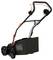 Fekete és narancssárga BLACK+DECKER fűnyíró motoros fűgyűjtő zsákkal, állítható fogantyúval és nagy hátsó kerekekkel.