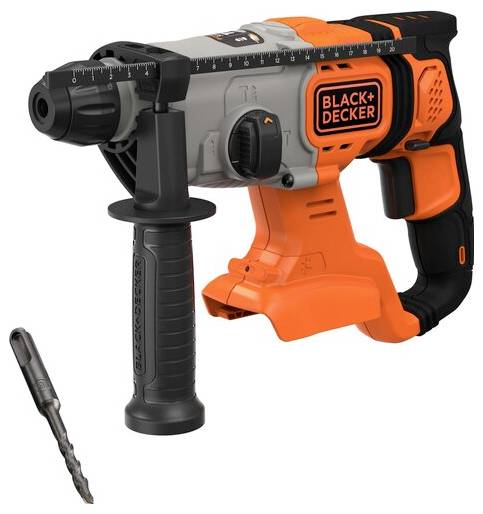A "Black & Decker" narancssárga és fekete forgó kalapácscsavarozó oldalsó fogantyúval, amely a fúrótüske rögzítéseit mutatja.