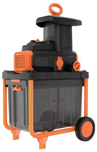 Elektromos kertapárat narancsszínű kerettel, fekete testtel és átlátszó hulladéktartállyal, amely kertgazdálkodási hulladék aprítására szolgál.