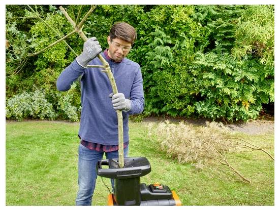 Egy személy egy kertészeti aprítógépet üzemeltet, egy faágat táplál a gépbe, sűrű zöldség a háttérben.