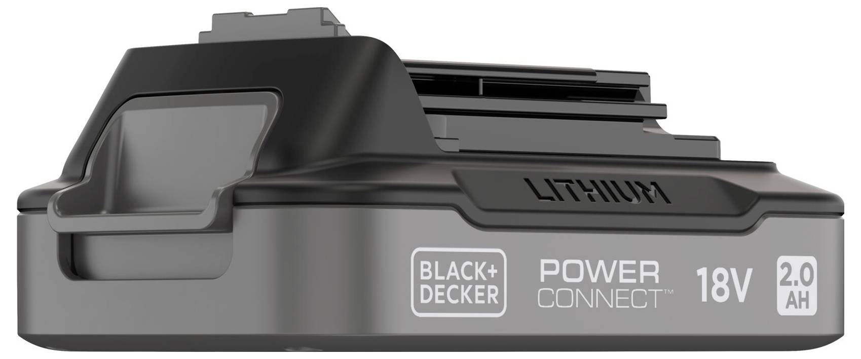 Black+Decker 18V 2.0Ah lítium akkumulátor, amely kompatibilis a Power Connect rendszerrel, oldalnézeti megjelenítéssel és látható márkajelzéssel.