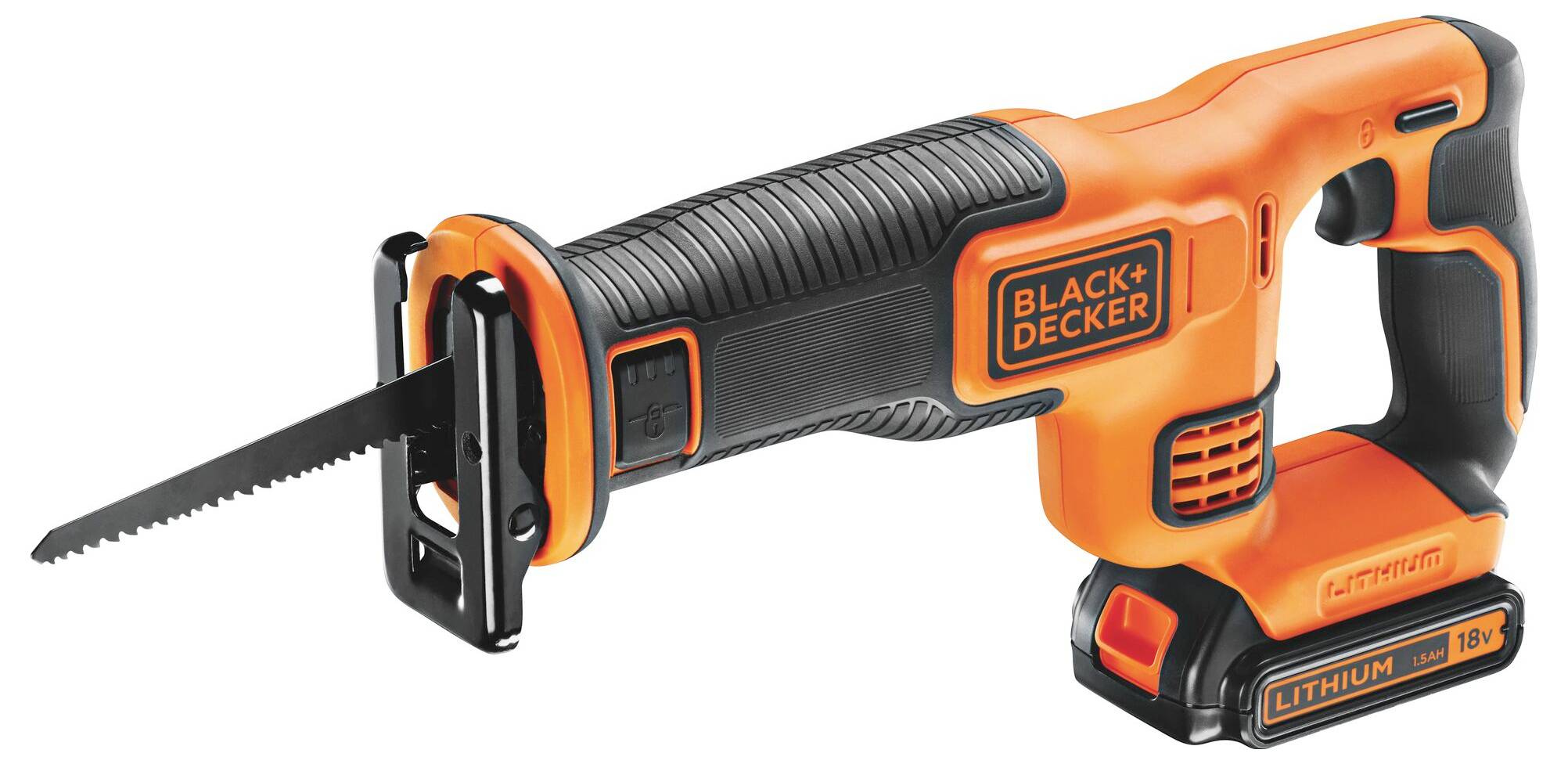 Black and Decker narancssárga és fekete reciprok fűrész 18V lítium akkumulátorral, oldalnézeti nézetben a biztonsági funkciók bemutatásával.