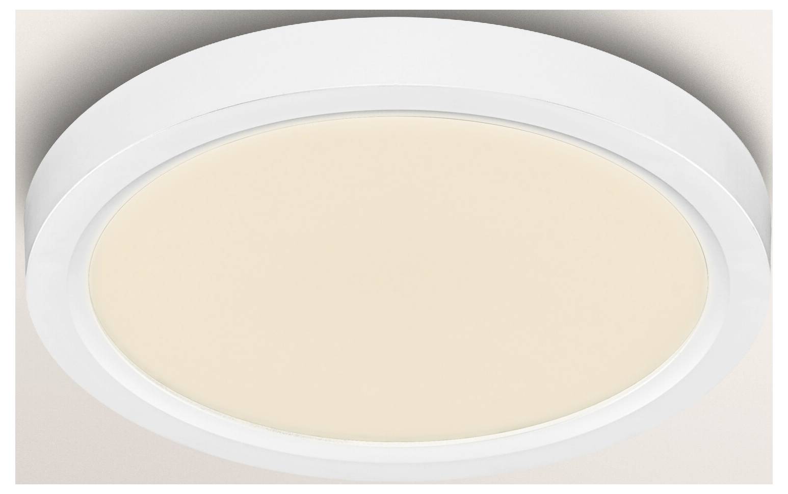 Kerek mennyezeti lámpa puha fénnyel. A csomagolódoboz "Osram Orbis Quickfix 24cm Click-Dim" feliratot visel, és a lámpa képét ábrázolja.