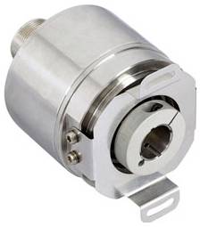 Forgóv kódoló, fém házas, szerelési konzollal és látható tengelnyílással, forgási pozíció vagy sebesség mérésére használt.