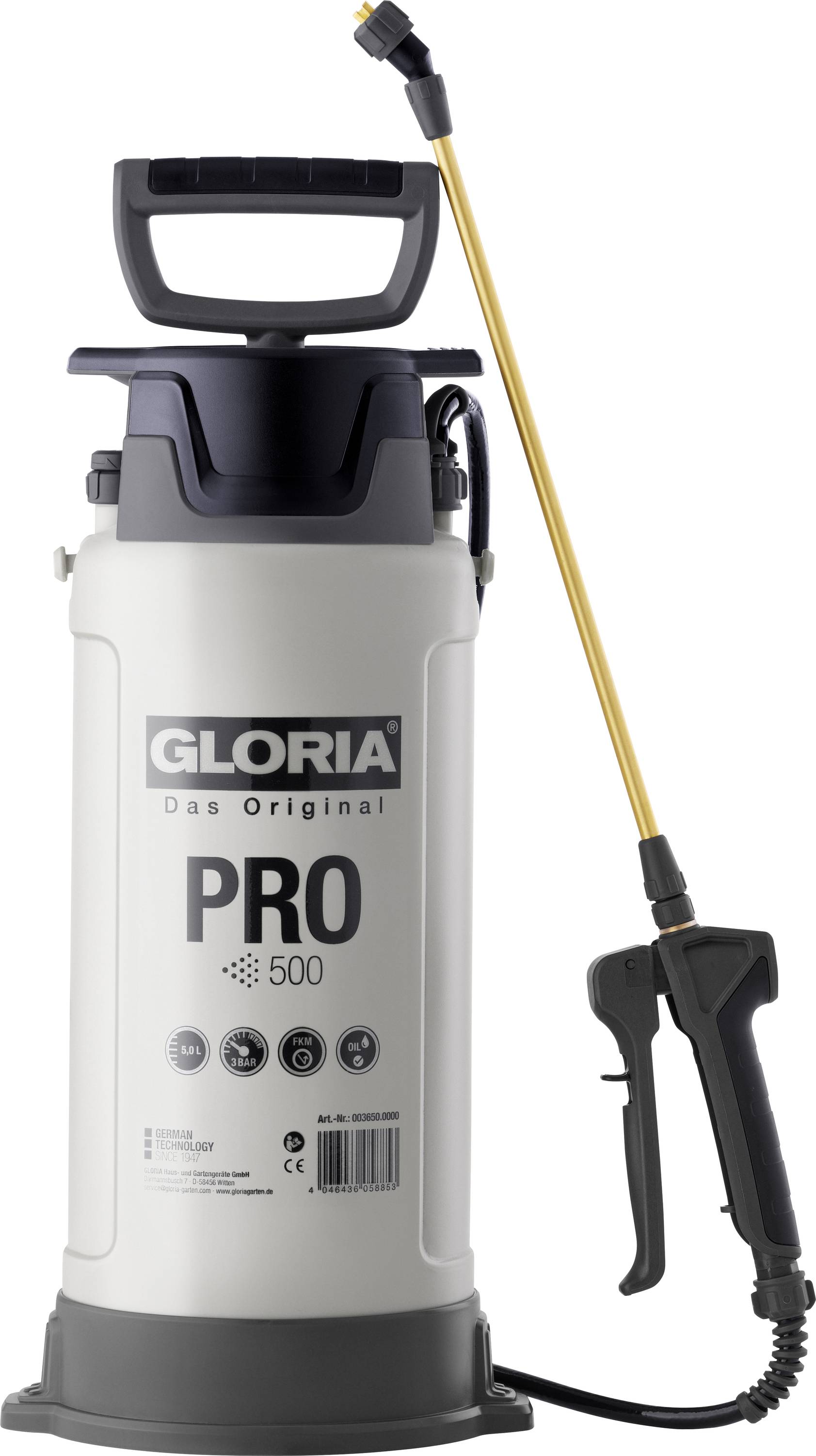 Hordozható, kézi pumpa sprayt "Gloria Pro 500" felirattal, fogantyúval, nyomásmérővel és spray fúvókával felszerelve, kertészeti felhasználásra tervezve.