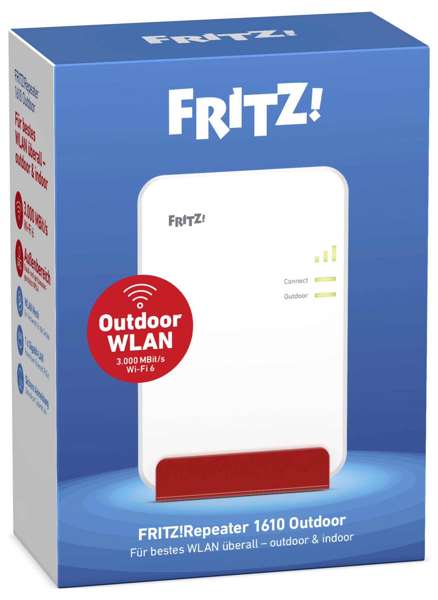 "FRITZ!Repeater 1610 Outdoor" doboz; kültéri Wi-Fi jelerősítő "3000 Mbit/s, Wi-Fi 6" jellemzőkkel; márkajelzés és termékjellemzők kiemelve.