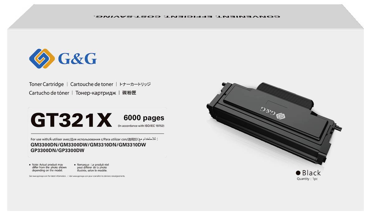GT321X jelölésű toneremzacsatornacsomag, mely különféle nyomtatómodellekkel kompatibilis, 6000 oldal hozammal rendelkezik, fekete szín, mennyiség: 1 darab.