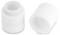 Két fehér hengeres műanyag sapka, az egyik függőleges helyzetben a menetes belsejét mutatva, a másik oldalt helyezve a nyitott végét mutatva.
