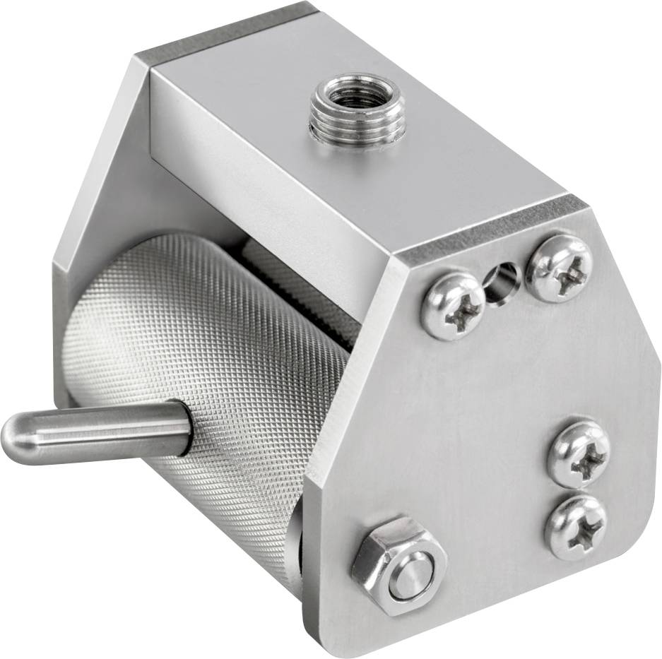 Textúrált felületű fémes henger szögletes tartóban elhelyezve, menetes porttal és sima fogantyúval az elülső részen.