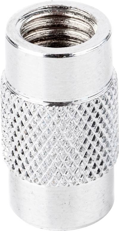 Egy ezüst, fémes, bordázott menetes csatlakozó közelképe, amelyet jellemzően mechanikai szerelvényekben az alkatrészek biztonságos rögzítésére használnak.
