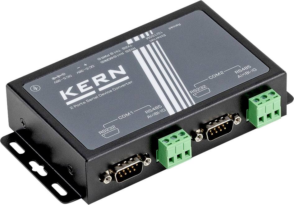 Egy fekete eszköz, amely „KERN 2 Ports Serial Device Converter" felirattal van ellátva, több RS232 és RS485 kommunikációs csatlakozóval.