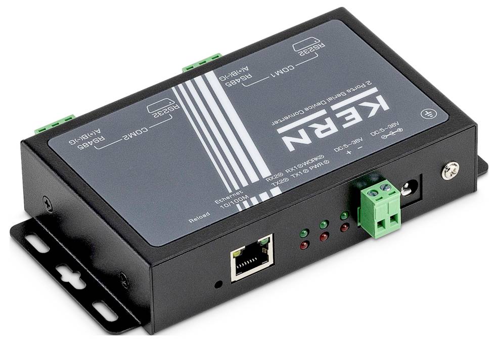 Egy fekete téglalap alakú elektronikus eszköz, amely "KERN" felirattal van ellátva, különféle portokkal és kijelző lámpákkal, amelyet az összeköttetés és az adatkonverzió céljára terveztek.