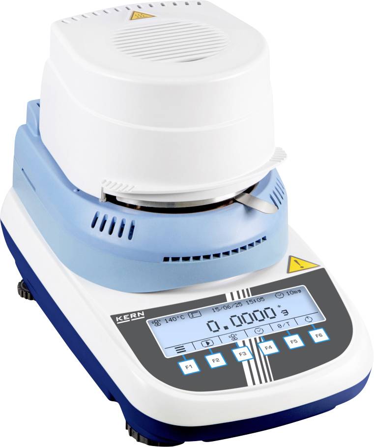 Egy digitális laboratóriumi nedvességmérő analizátor, amelynek kijelzőjén mérési adatok láthatók. Kék és fehér házból áll, és biztonsági figyelmeztetések láthatók rajta.