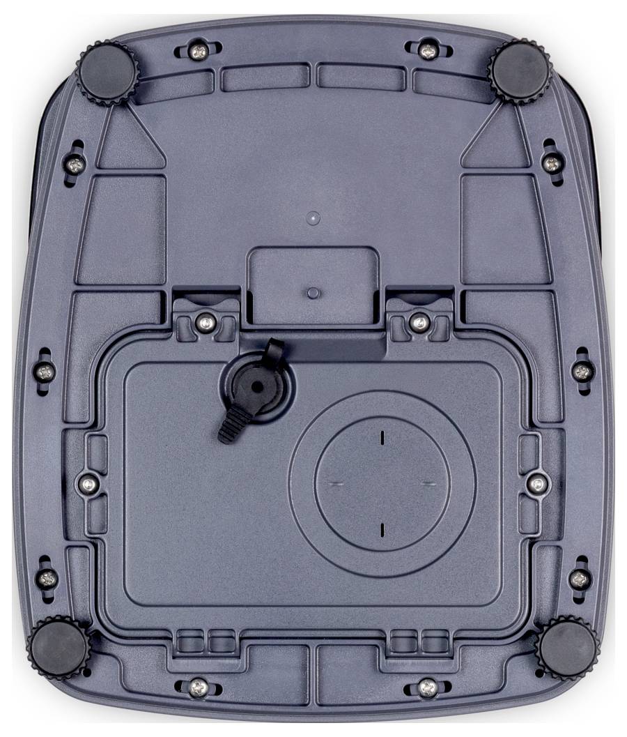 Egy sötét szürke műanyag eszközfedél alsó nézete, látható körköros alkatrészekkel és csavarokkal, amelyek stabilitásra és rögzítésre vannak tervezve.