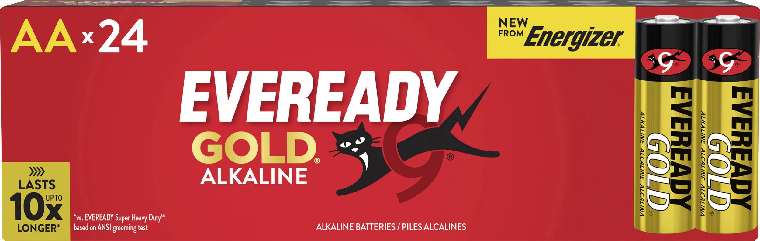 "Eveready Gold." AA elemek, 24 darabos csomag az Energizer-től, sárga és fekete színű macskás logóval. Szöveg: "10-szer hosszabb élettartam".