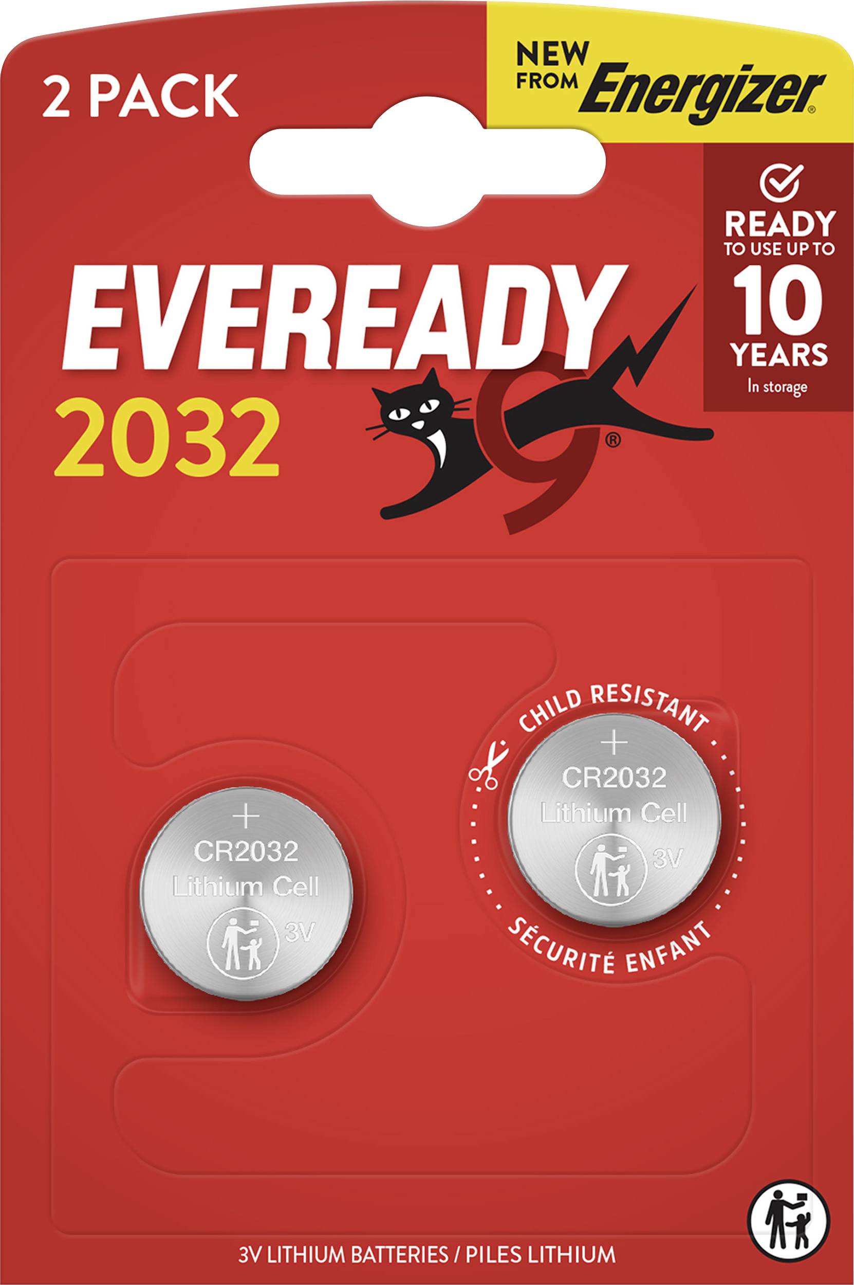 Eveready 2032, 2-darabos lítium akkumulátor, gyermekbiztos, akár 10 évig használatra kész, új az Energizertől.