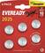 Eveready CR2025 3V lítium elemek, 6 darabos csomag. Gyermekbiztos. Akár 10 évig használatra kész. A csomagolás az elem részleteit mutatja.