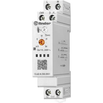 # Egy fehér elektronikus időzítő relé címkézett tárcsákkal és csatlakozási pontokkal, az oldalán egy bekötési diagrammal megjelenítve.