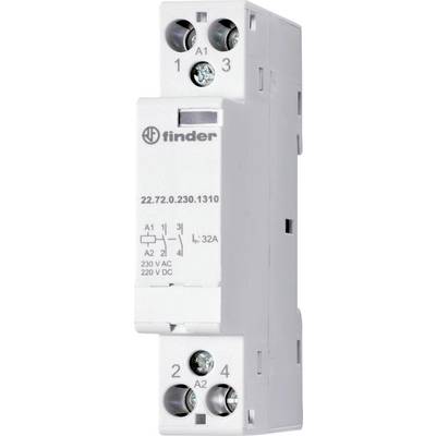 'Finder 22.72.0.230.1310 relé, 32A, 230V AC, 220V DC'. Fehér téglalap alakú eszköz az A1, A2, L jelöléssel ellátott csatlakozókkal.