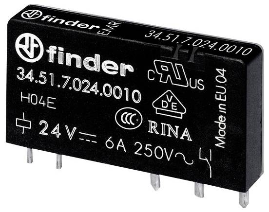 'Finder 34.51.7.024.0010 relé, 24V, 6A, 250V, tanúsítási jelölésekkel. Fekete, téglalap alakú, 5 tüskés, EU-ban gyártott.'
