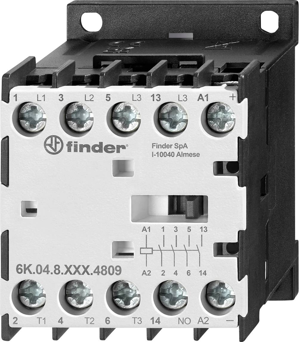 Egy elektromos kontaktor több csavar csatlakozóval, amelyek L1, L2, L3, A1 és A2 jelöléssel vannak ellátva. A „6K.04.8.XXX.4809" modellszám látható.