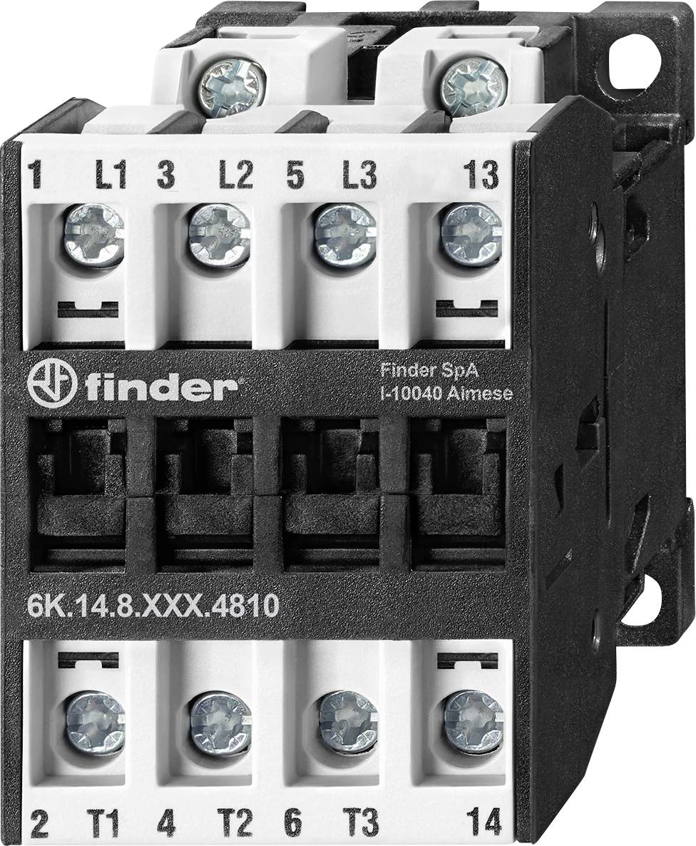 Elektromos kontaktor címkézett csavar terminálokkal: L1, L2, L3 a fő tápegység bemeneteihez, 13 és 14 a vezérlési kör csatlakoztatásához.