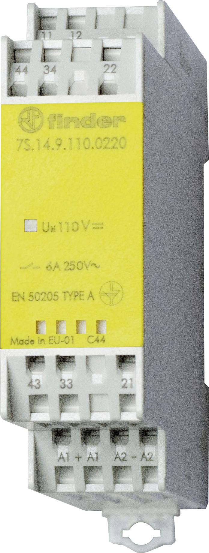Egy Finder relé modul, 75.14.9.110.0220 típusszám, sárga címkével, amelyen „110V", „6A 250V~" és az EN 50205 Type A szabvány megfelelőségi jelzése látható.