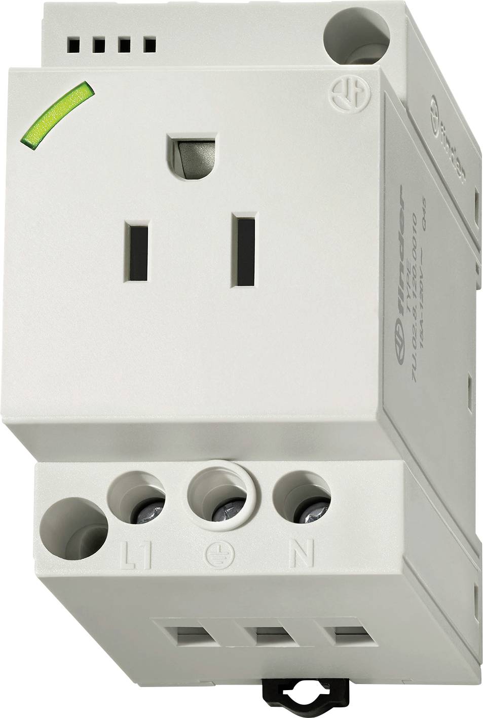 Egy fehér elektromos eszköz két kör alakú aljzattal az alján, amelyeket "L" és "N" felirat jelöl az élő és semleges vezetékekhez, valamint egyetlen téglalap alakú aljzat a tetején.