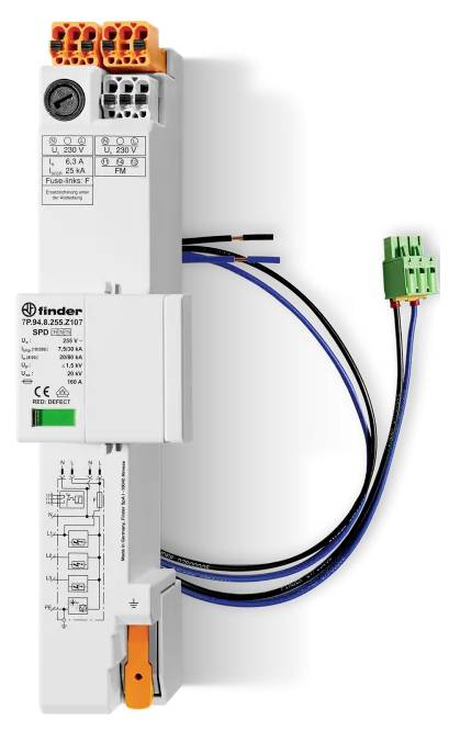 'Finder típus 7P.43.8.275.1027 SPD' túlfeszültség-védelmi eszköz elektromos installációkhoz, bekötési rajzzal és csatlakozási sarkokkal.