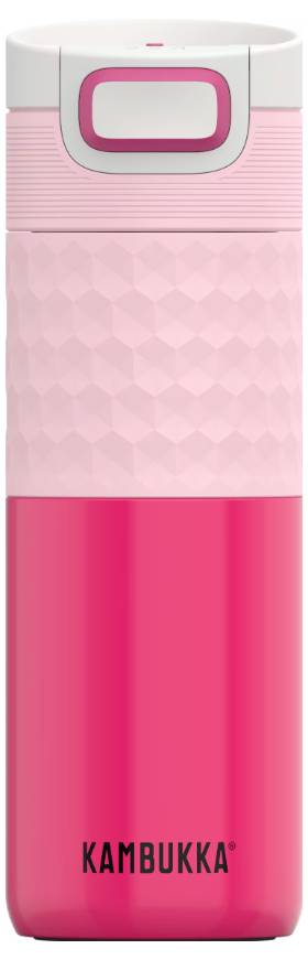 Egy rózsaszín és piros szigetelt Kambukka palack textúrált fogással és csavarható kupakkal, melyet meleg és hideg italokhoz terveztek.