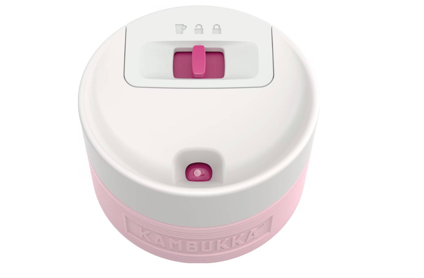 'Egy Kambukka ivópalack rózsaszín és fehér tetejének közeli képe, amely egy nyomógombes mechanizmust és egy zárolási szimbólumot mutat felül.'