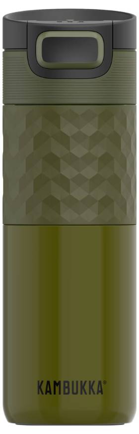 Zöld, strukturált utazási bögre sötét tetővel, a "KAMBUKKA" márka neve alatt, forró és hideg italokra egyaránt alkalmas.