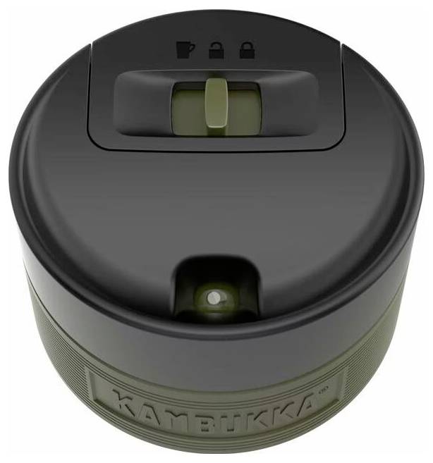 Fekete és zöld Kambukka termoszos palackfedél, csúsztatható zárószerkezettel és három ikont tartalmazó, különböző beállításokat jelölő felülettel.