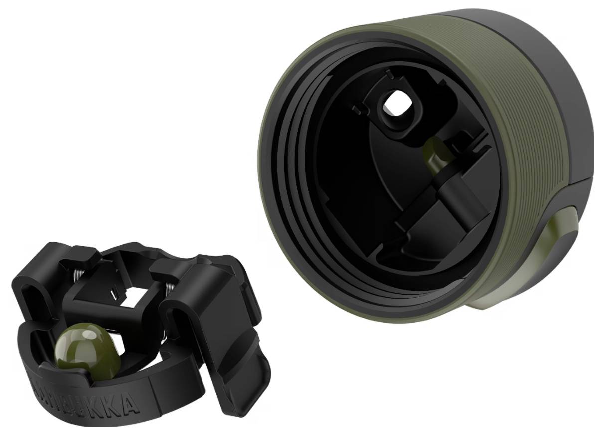 Egy palackvédő, amely kiemelkedő mechanizmussal rendelkezik a biztos lezáráshoz, bonyolult részletezéssel és funkcionalitással, egyszerű háttér előtt.