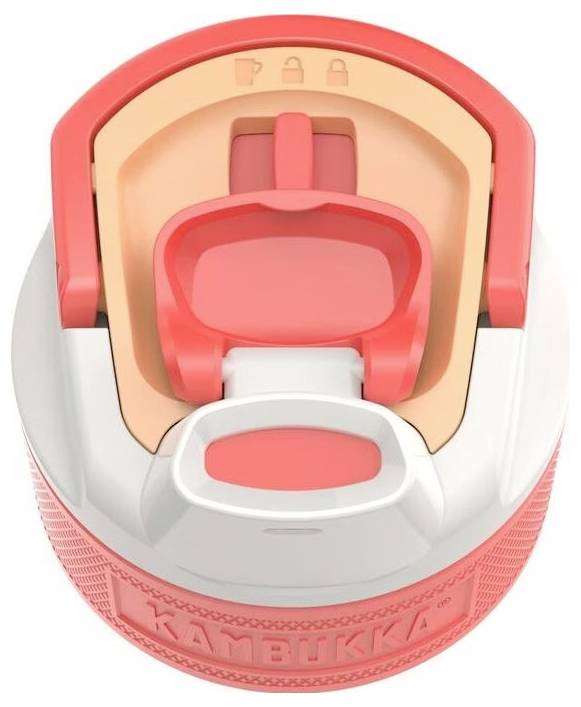 Egy rózsaszín és fehér palacksapka, zárt ivónyílással és textúrált felülettel, amelyen a „KAMETTKA" felirat látható. A sapka könnyed ivásra lett tervezve.