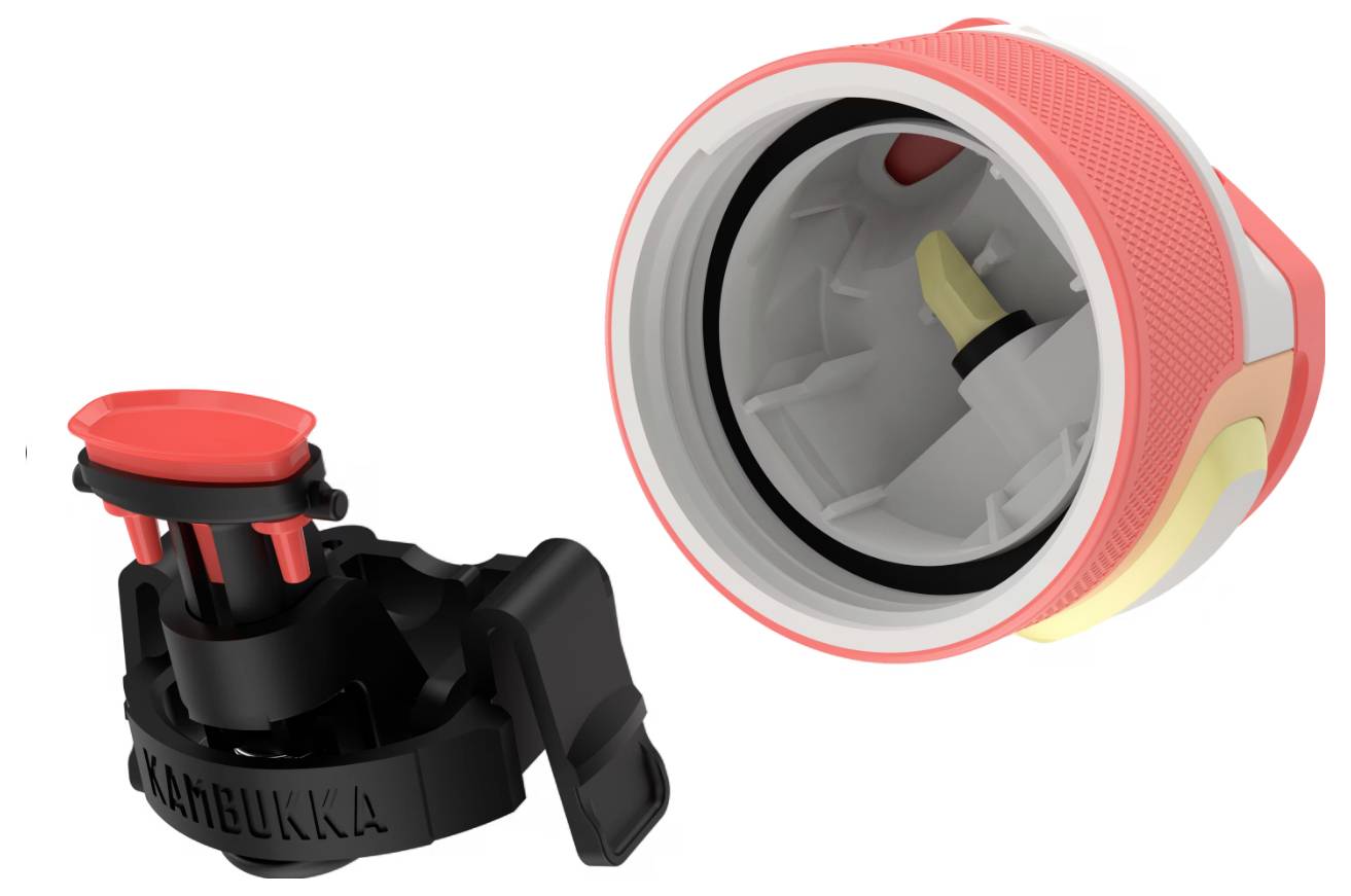 Egy vízpalack fedélének közeli képe, amely részletes zárószerkezetét és összetevőit mutatja, piros külső résszel és különféle belső alkatrészekkel.