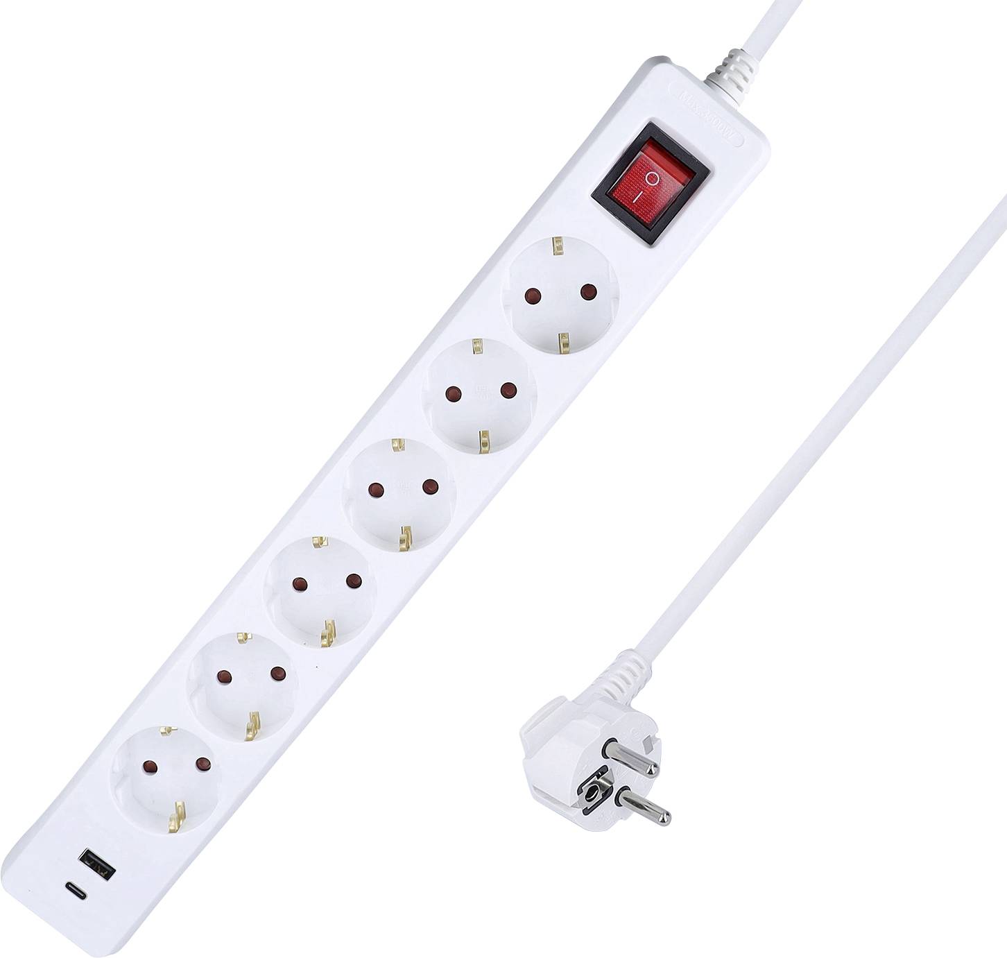 Egy fehér elosztó öt aljzattal, két USB porttal és egy be/ki kapcsolóval, fehér kábellel csatlakoztatott dugóval.