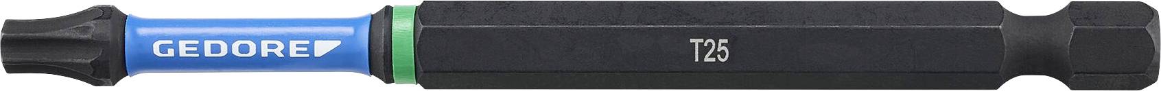 Egy T25-ös Torx csavarhúzó bit kék nyéllel, amely „Gedore" felirattal van jelölve, és fekete tengellyel, amelyet zöld szín emel ki, Torx csavarokhoz használható.