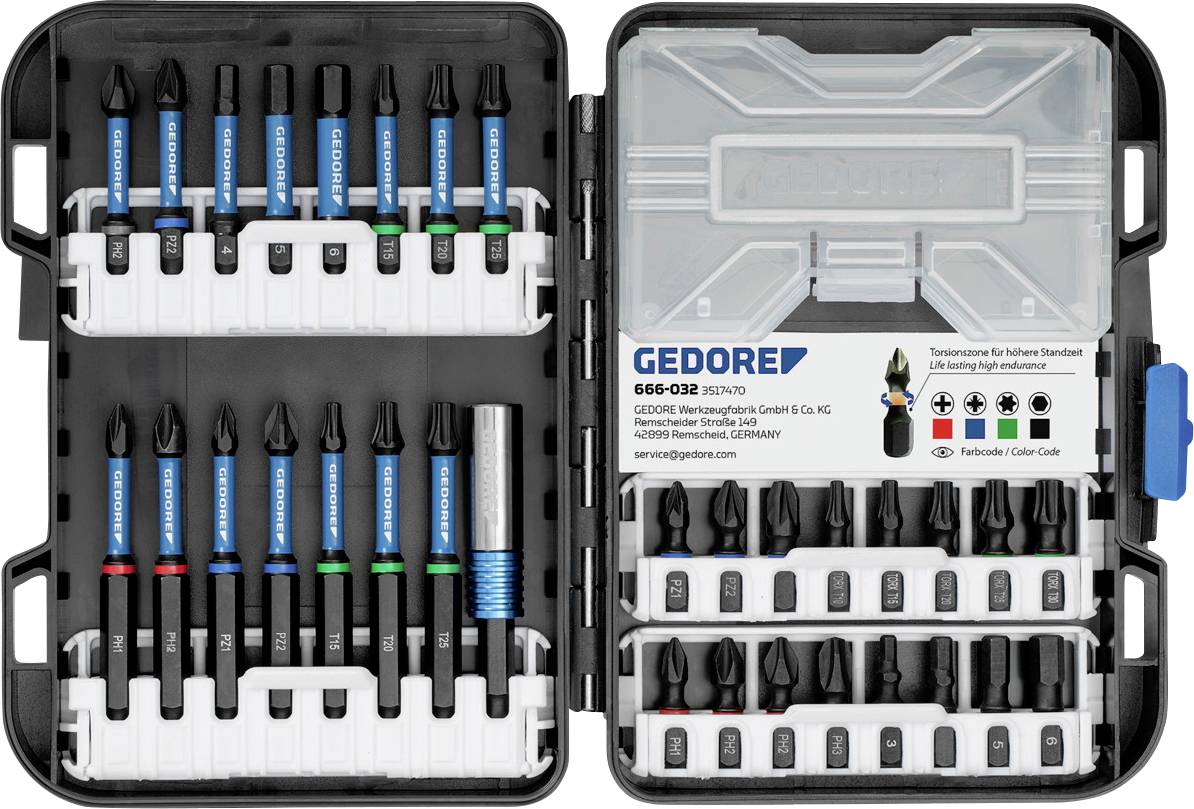 Nyitott fekete műanyag szerszámtartó koffert tartalmazó különféle csavarhúzó biteket, köztük Torx, Phillips és lapos fejű biteket, amelyek jelölt nyílásokba vannak rendezve.