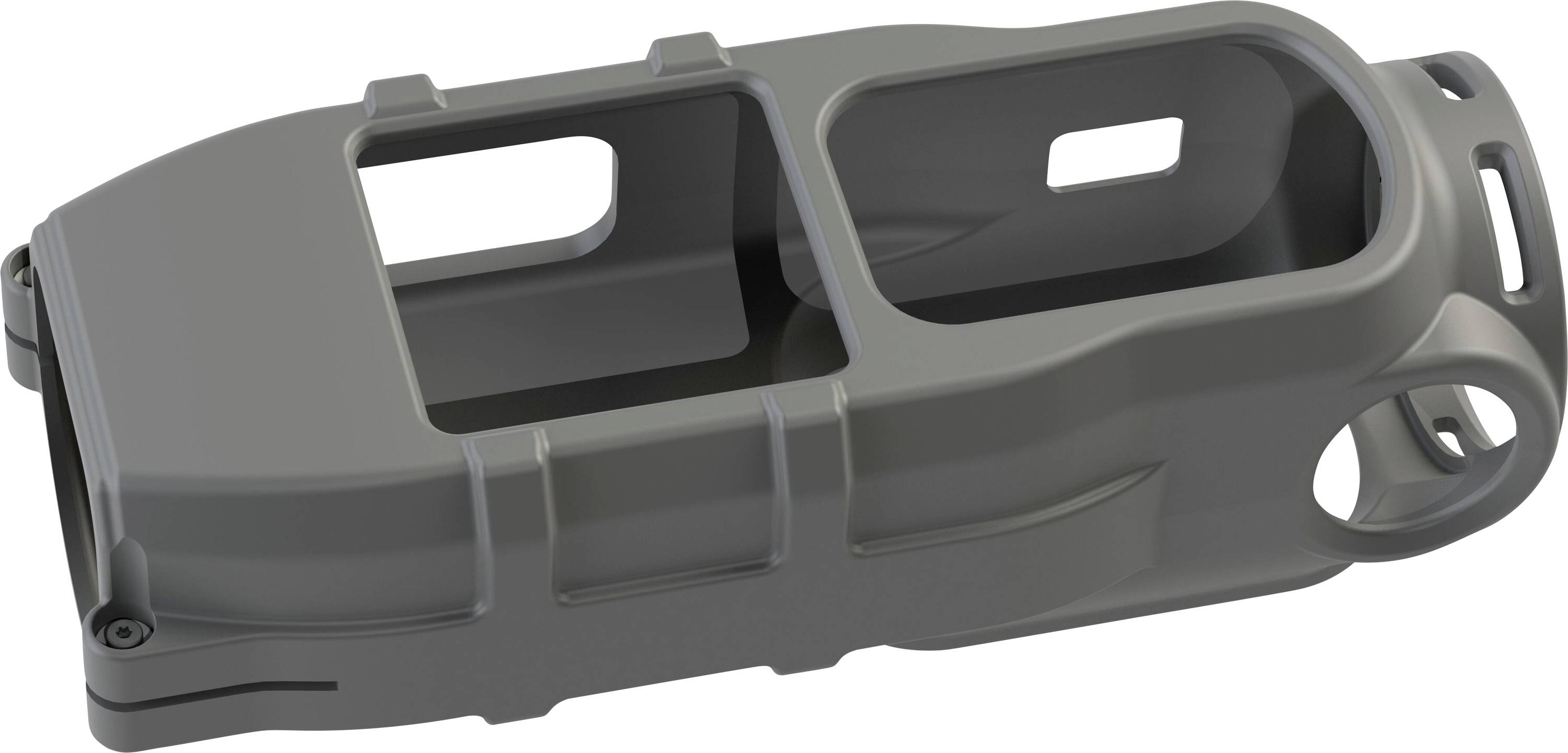 Szürke, téglalap alakú fém ház két nagyobb kivágással és lekerekített élekkel, elektronikus alkatrészek elhelyezésére vagy rögzítésére tervezett.