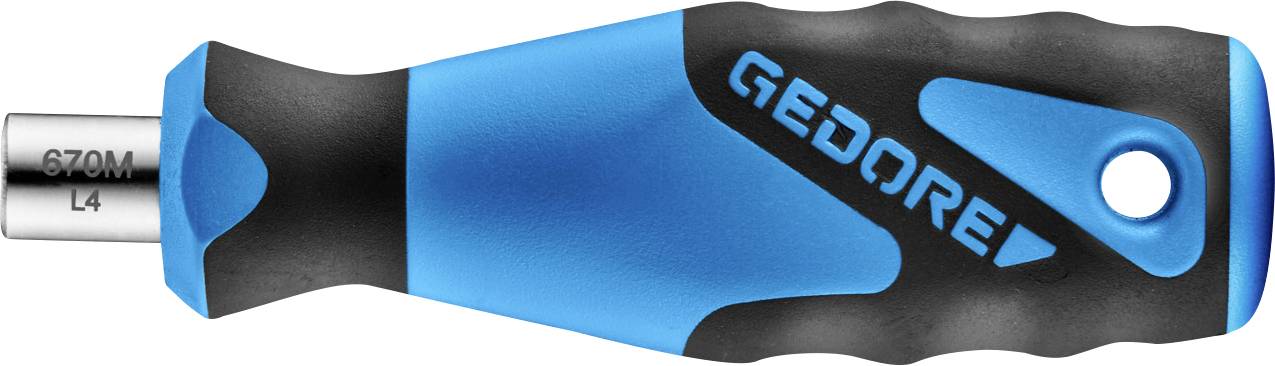 Kék és fekete nyomatékcsavarhúzó nyél "GEDORE" márkajelzéssel, fogáshoz tervezve; fémes ezüst fejjel, amely "670M L4" jelöléssel rendelkezik.