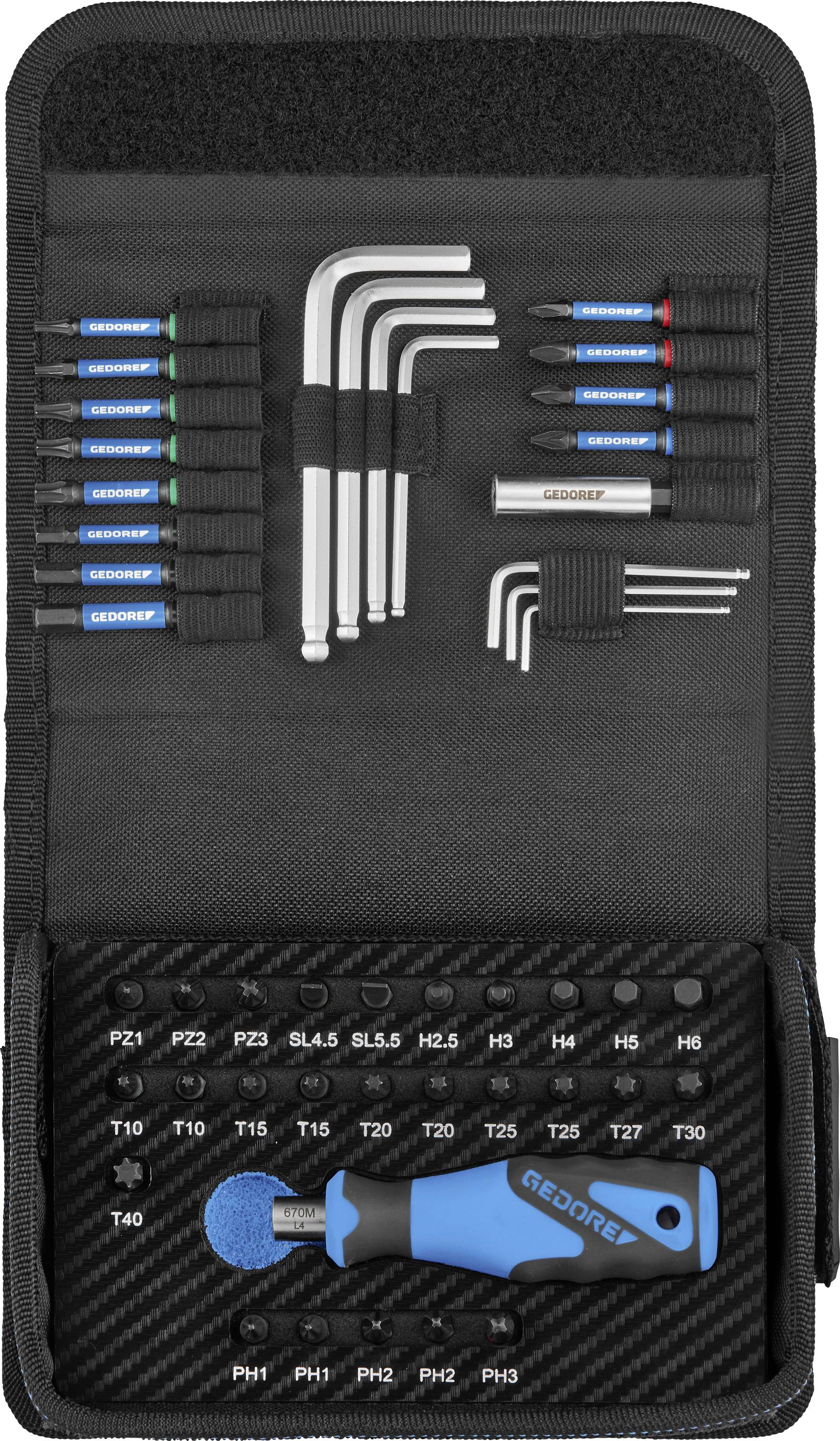 Egy kompakt fekete tokba csomagolt szerszámkészlet, amely különféle csavarhúzókat, imbuszkulcsokat és biteket tartalmaz, és amelyet egy kéknyél csavarhúzó jelenléte karakterizál.