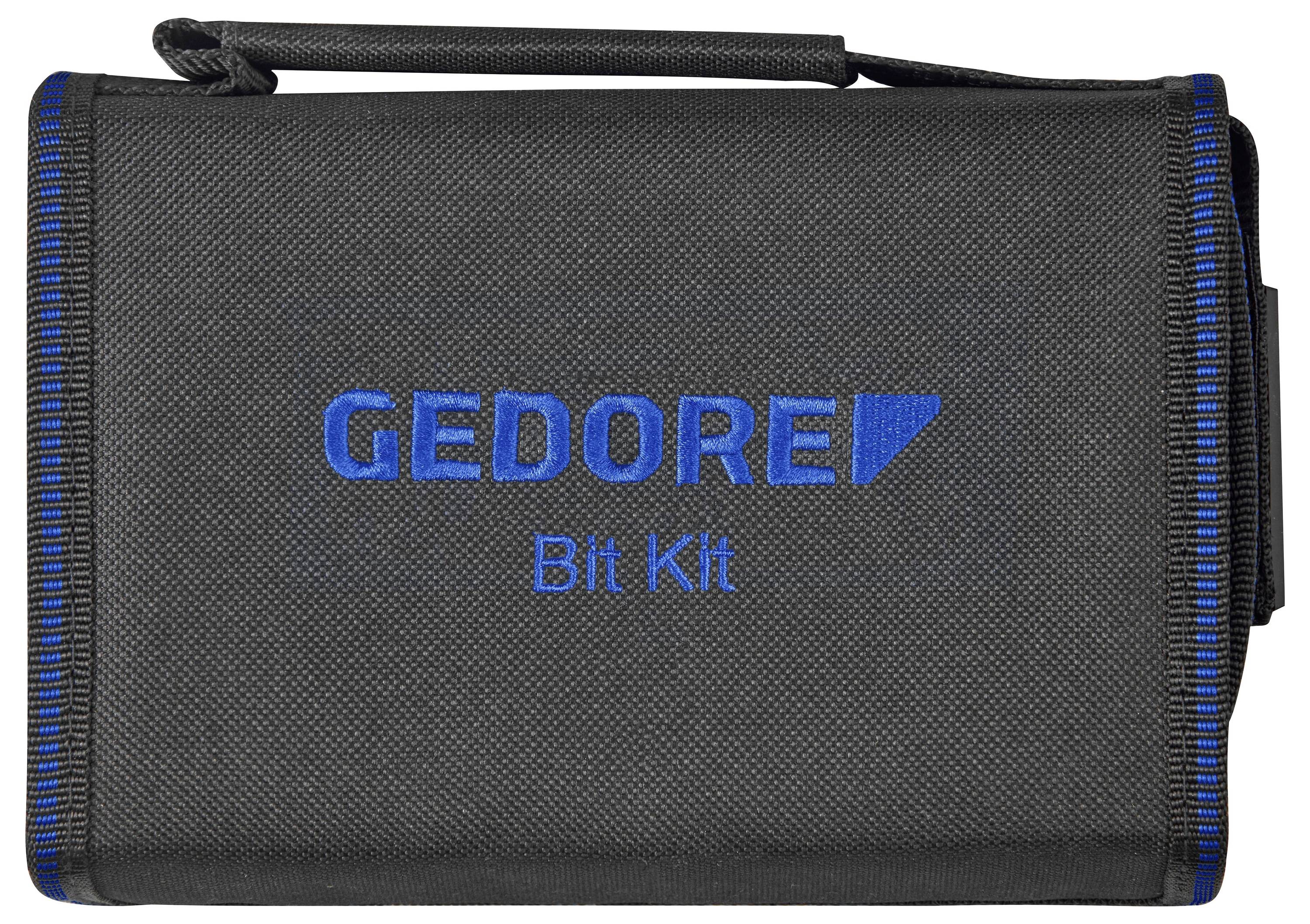 Fekete és kék szerszámkészlet táska "GEDORE Bit Kit" felirattal az elején, tetején fogantyúval.
